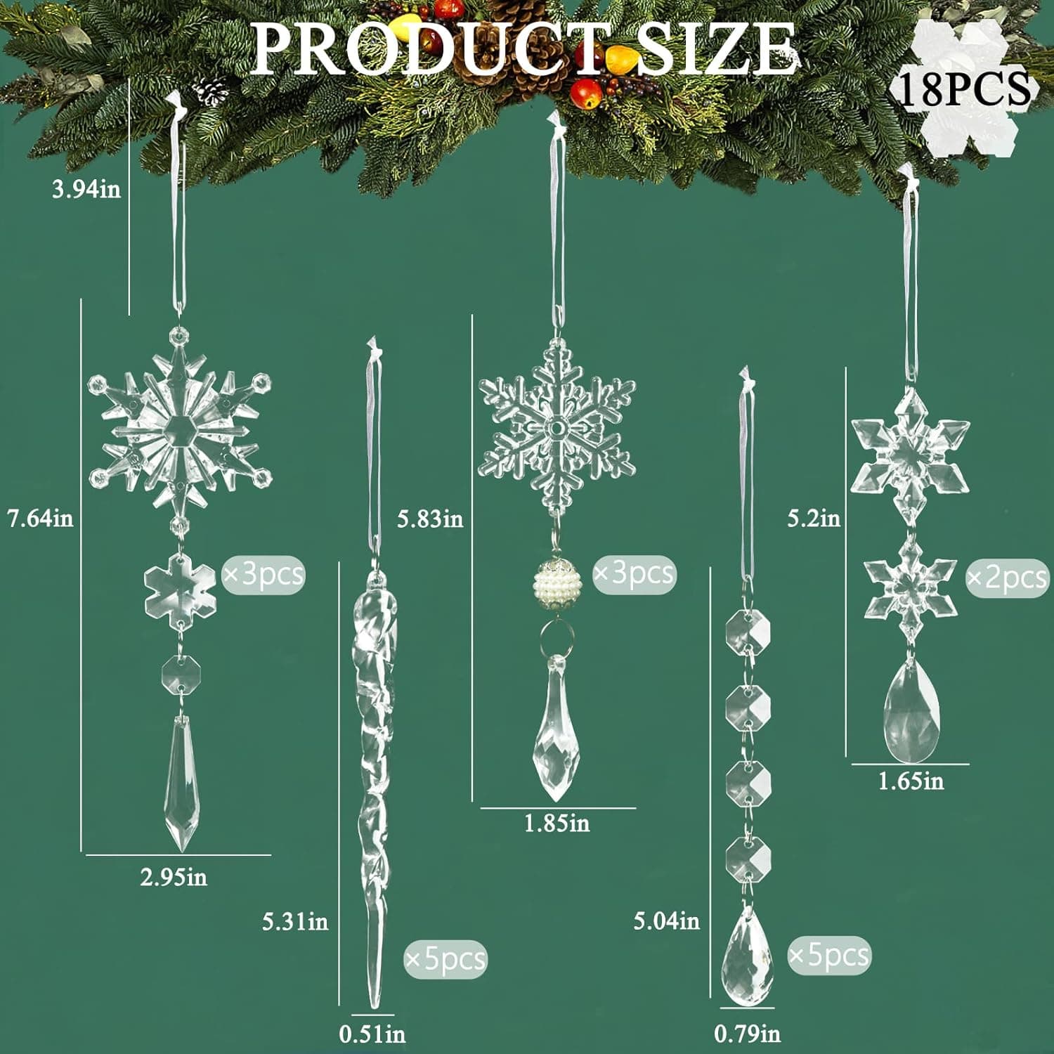 10Pcs Crystal Christmas Ornaments For Christmas Tree Hanging Decorations Acrylic Snowflake Icicle Ornaments Drop Pendants 10pcs