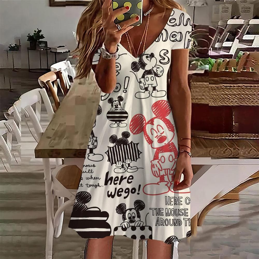 New 2024 Summer Dresses Women Disney Mickey Mouse print Dress Female Clothing Casual Retro Short Sleeve Loose Plus Size Dress 8XL