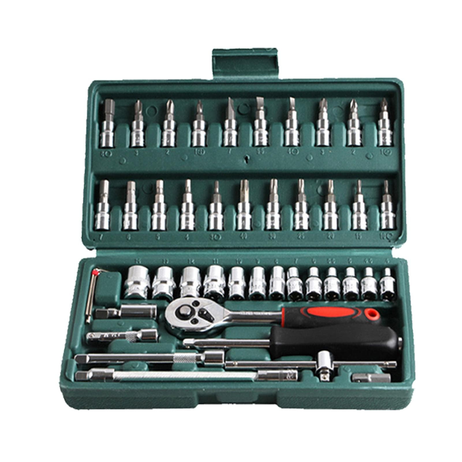 53pcs Ratchet Wrench & Socket Tools Set 1/4-inch Drive Screwdriver Repairing Kit Combination Socket 46pcs & Green Toolbox