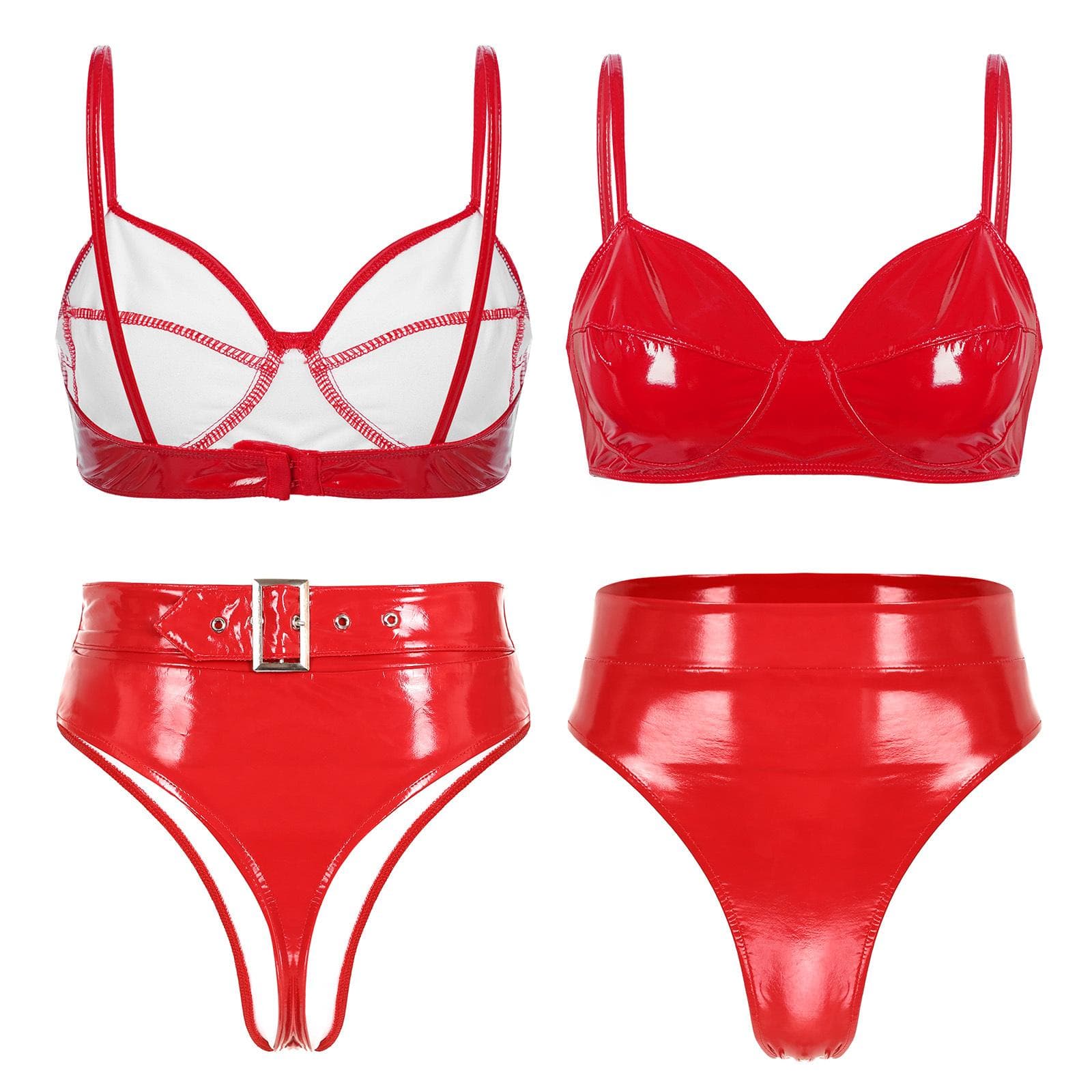 Women's Lingerie Set 2 Pieces Wet Look Patent Leather Wire-free No Padded Bra Top and Briefs Set Clubwear M red