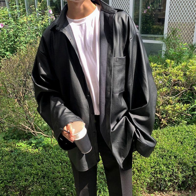 Korean Style Leather Clothes for Men, Trendy, Handsome, Loose Shirt, Soft Leather Jacket, Autumn L black