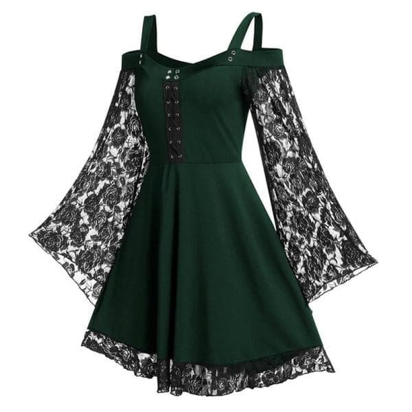5XL 3 Colors Vintage Gothic Women Dress Lace Crochet Flare Sleeve Vampire Witch Dresses Medieval Renaissance Goth Cosplay 5XL green