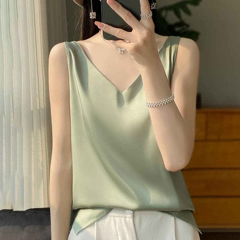 Summer Women's Silk Camisole Vest Slim V-neck Short Temperament Inner Blouse Top XL grass green