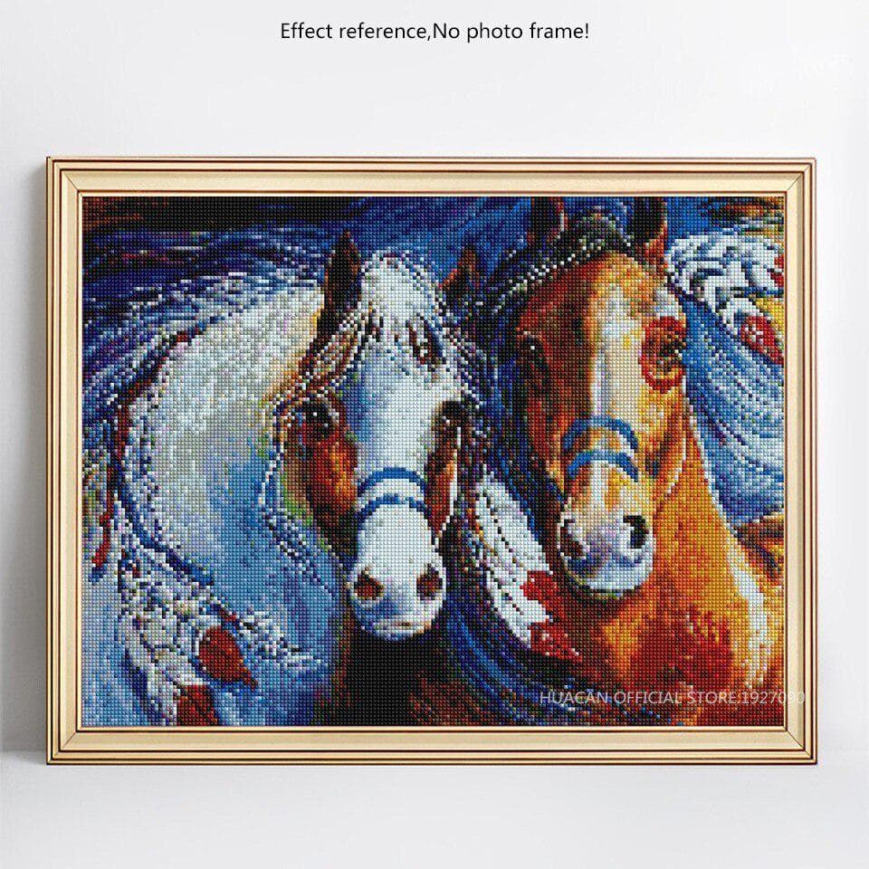 Full Round Diamond Painting Two Horse Cross Stitch Resin 5D DIY Diamond Embroidery 20X30CM