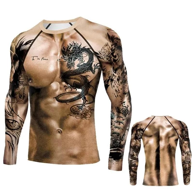Muscle Tattoo Mens Compression T-shirts Long Sleeve Wolf Dragon Sportswear Rashguard Fitness Gym Tops Tees Streetwear Tshirt 3XL
