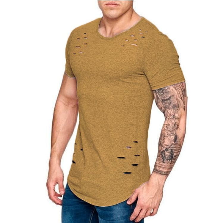 Summer T-Shirt Men Fashion Hole Distressed Fitness T Shirt Short Sleeve Solid Slim Fit Hip Hop T-shirt Yasheng L khaki