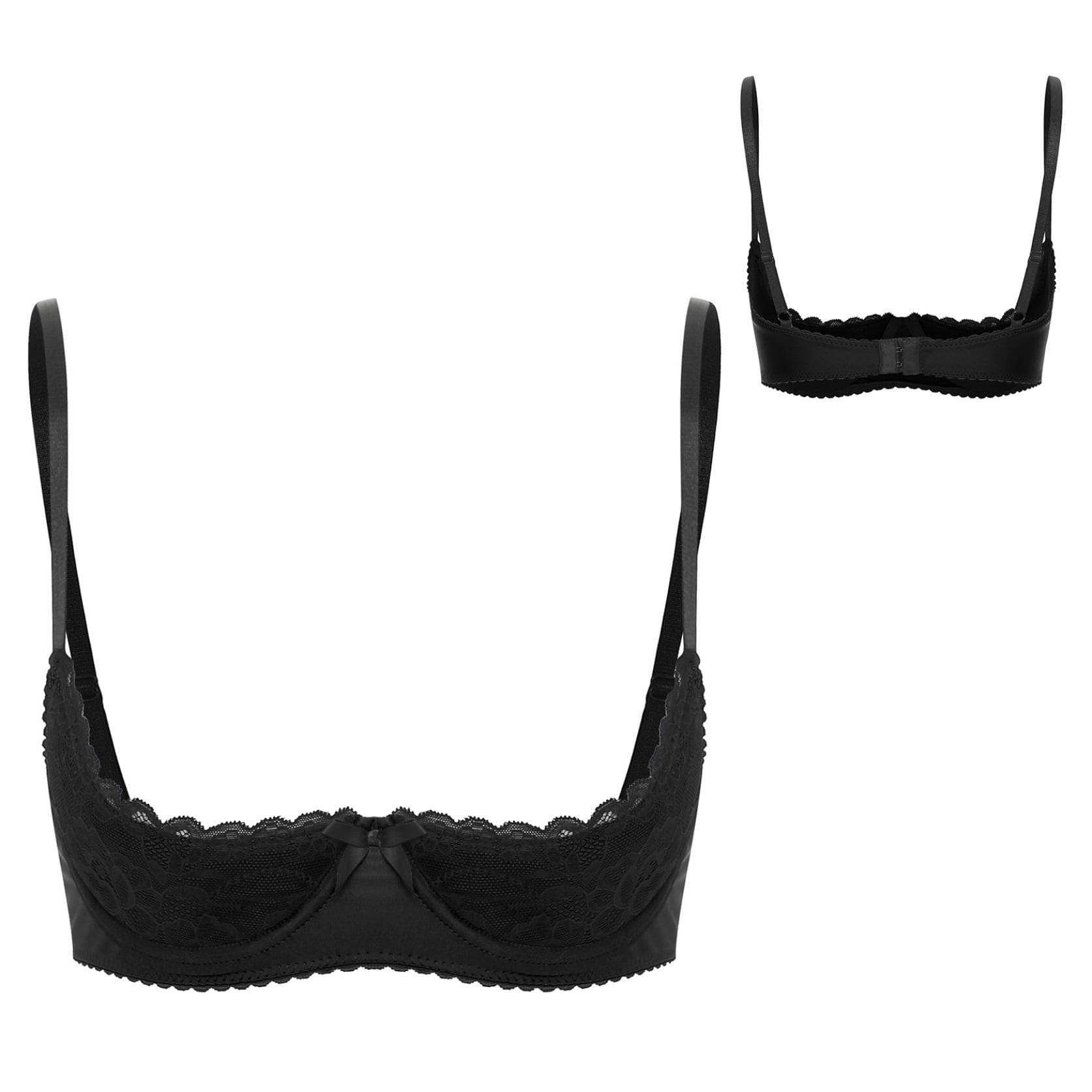 Women Plus Size Lace Trim Underwire 1/4 Cup Open Front Bra Top Push Up Shelf Balconette Brassiere Corset Underwear XXL black