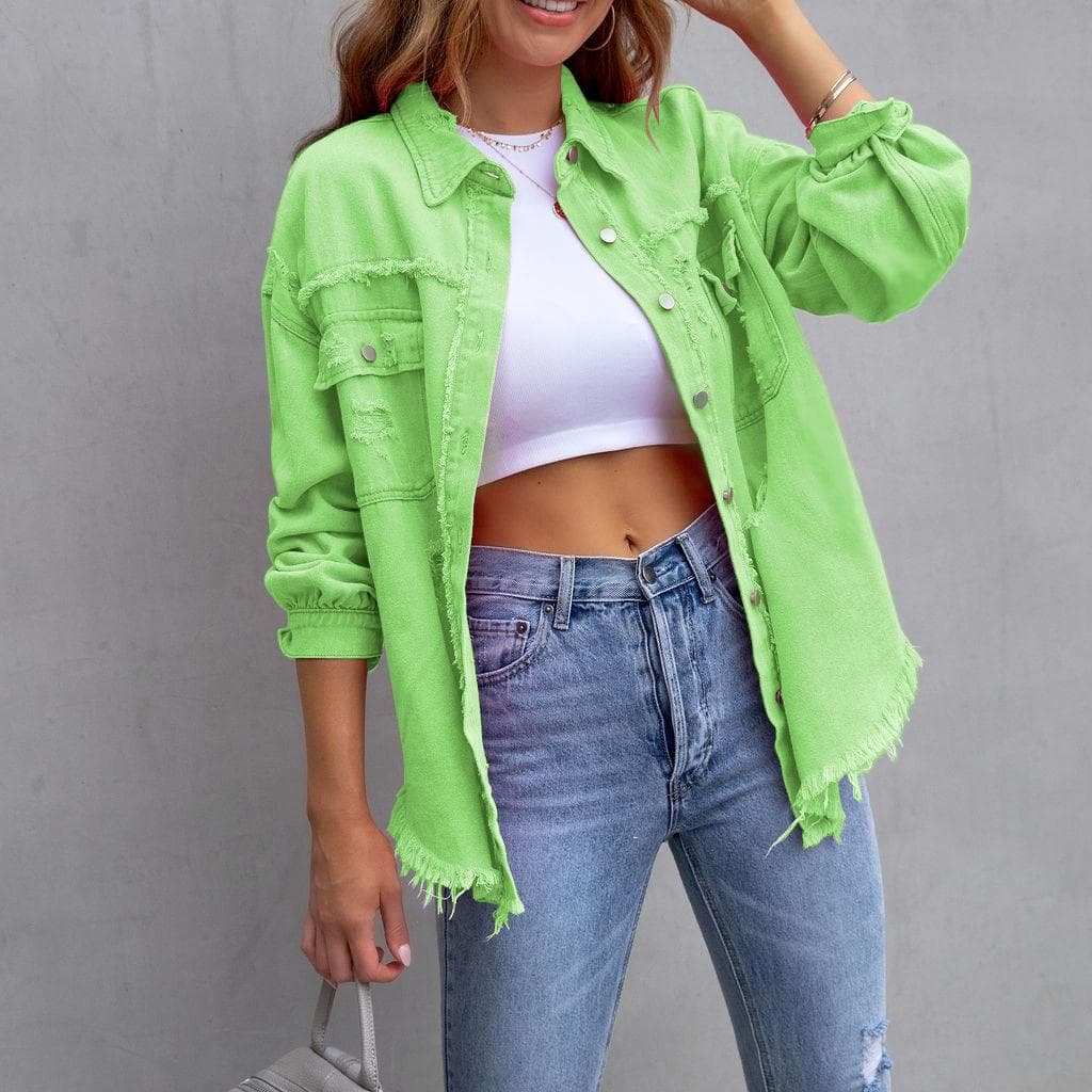Women's Fashion Ripped Denim Women's Autumn and Winter Long-sleeved Casual Lapel Top Jacket L