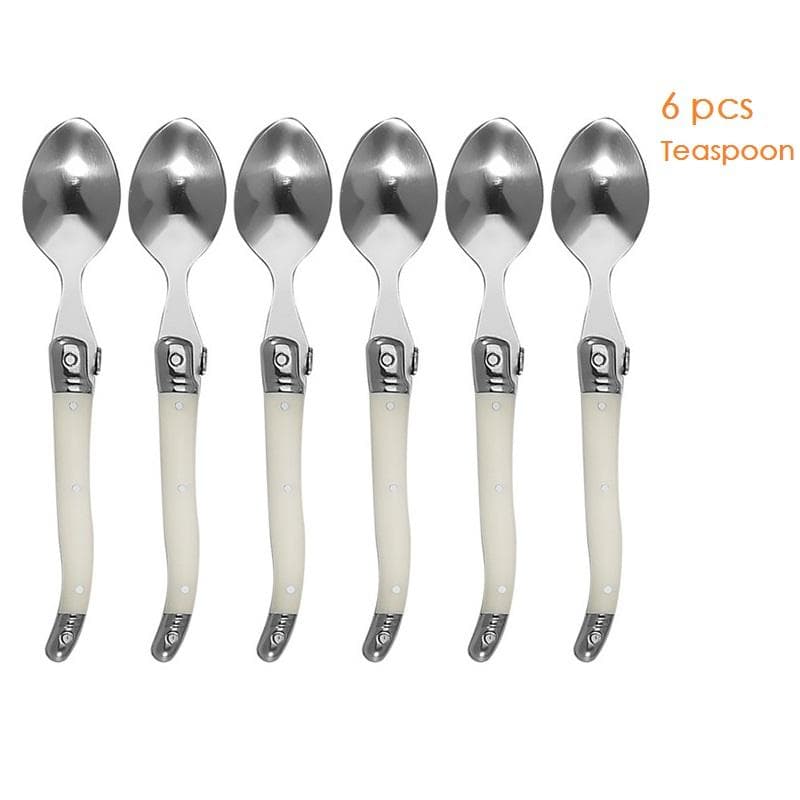 4/6/24Pcs Laguiole Cutlery Set Steak Knife Fork Soup Tea Spoon Ivory White Plastic Handle Food Grade Stainless Steel Dinnerware