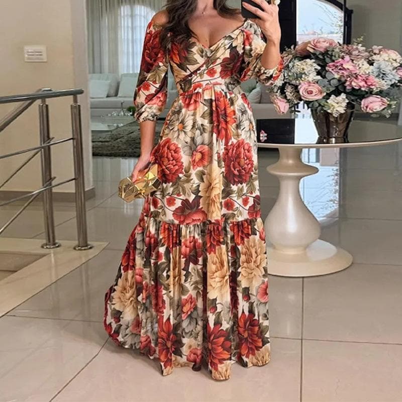 Spring New Women's Clothing Elegant and Fashionable Printed Five-point Sleeve Dress 3XL