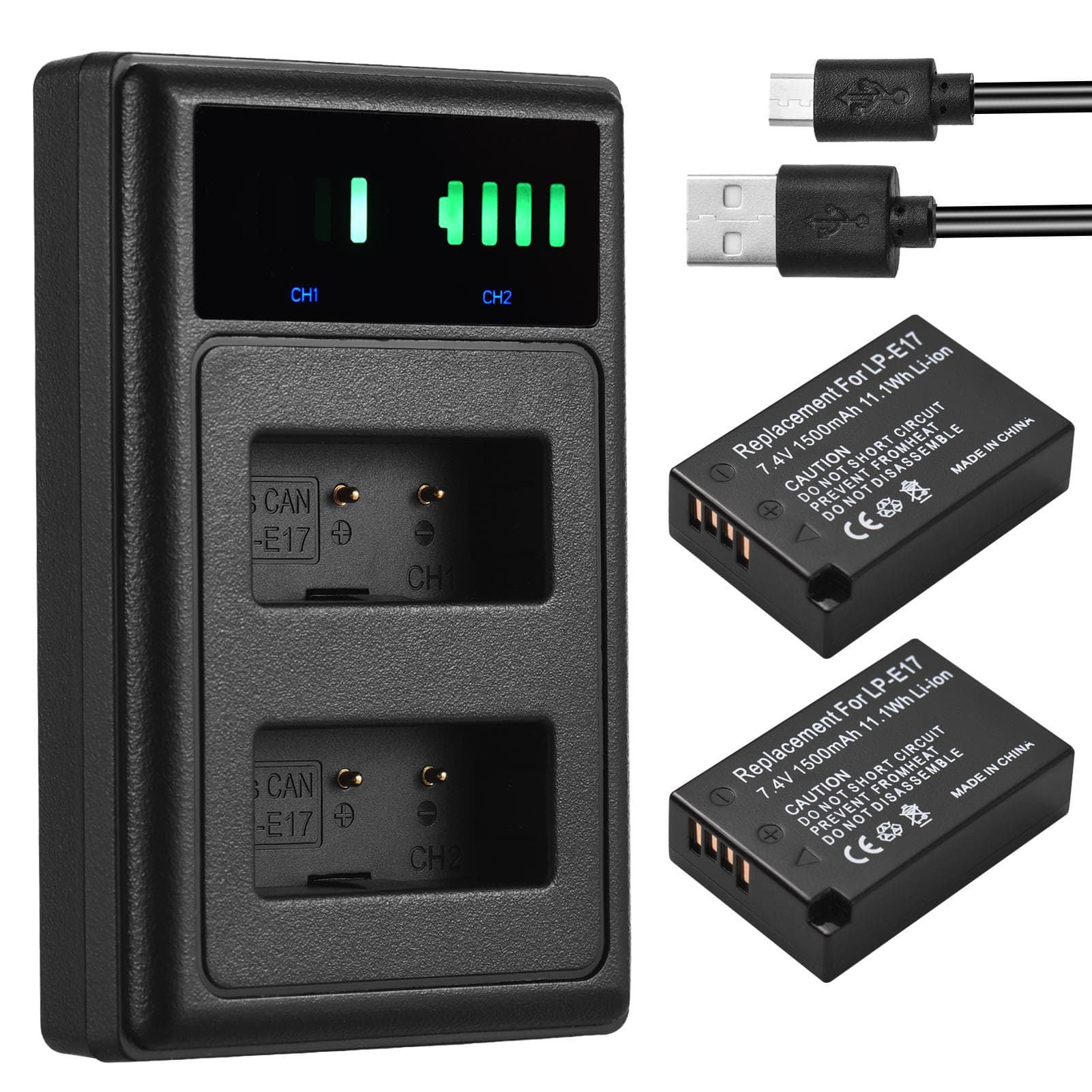 LP-E17 Battery Charger with LED Indicators + 2pcs LP-E17 Batteries 7.4V 1500mAh with USB Charging black