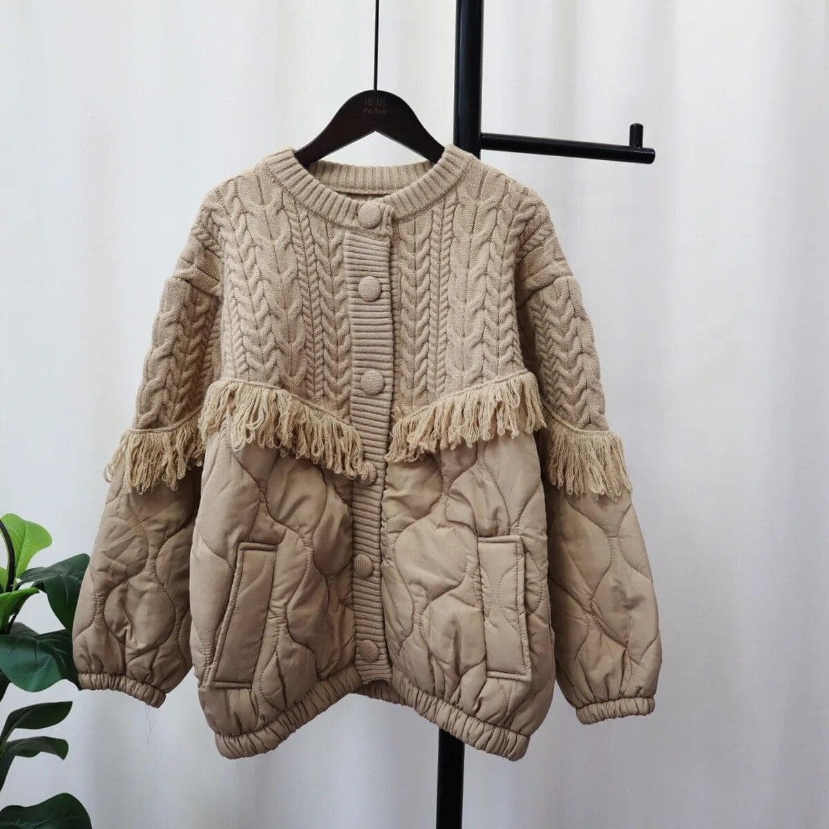 Tassel Spliced Knitted Cardigan Autumn Winter Loose Lazy Style Women Sweater Jacket Coat One Size khaki