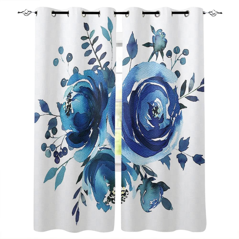 Flowers Blue Blooming Park Dark Blue Window Curtains Scenic Curtains for Living Room Decorative Items Living Room 135W x 60H(cm)