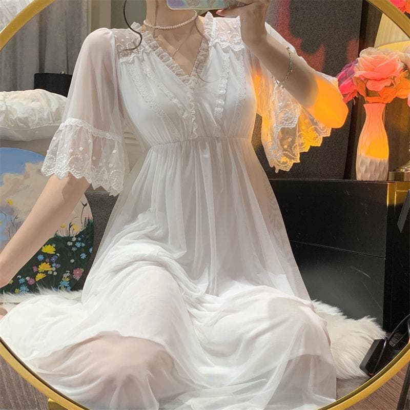 Sweet Pajamas Women Summer Mesh Lace Pajamas Home Clothes Short Sleeve Set Pink Pajamas Kawaii Clothing New Style 2XL