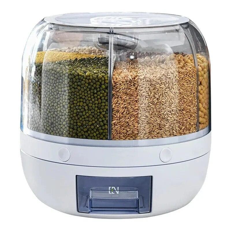 360° Rotating Grain Dispenser Grain Storage Box Transparent Sealed Jar Circular Kitchen Rice Bucket Insectproof Rice Tank 23x23cm&6 cells white