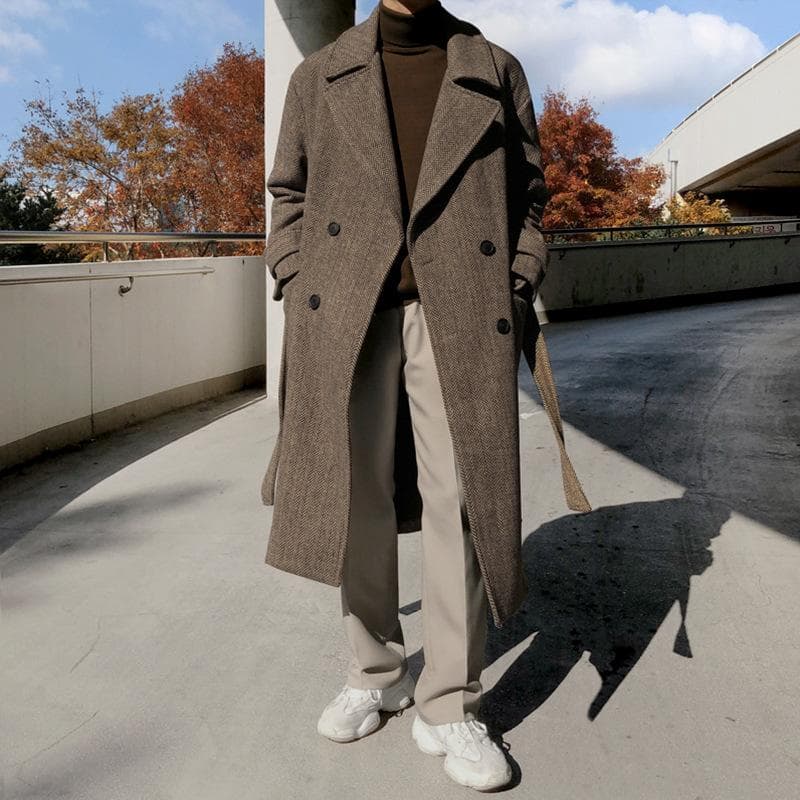 Winter Thickened Woolen Coat Men's Korean Style Over-the-knee Mid-length Windbreaker Loose Herringbone Woolen Coat M