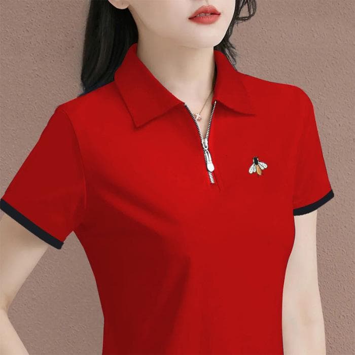 Polo Shirt Zipper Short-sleeved T-shirt Women's New Summer Lapel Casual Middle-aged Mother's Top XL