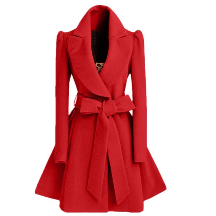 Women's Woolen Coat Belted Slim Woolen Coat Windbreaker XL