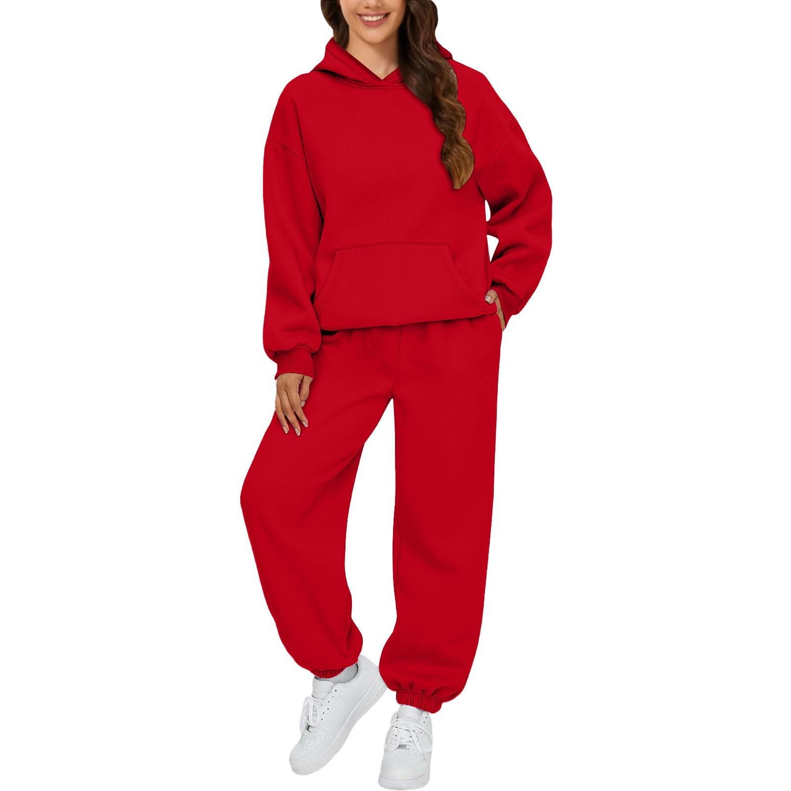 Womens 2 Piece Outfits Hoodie Sweatsuit Sets Oversized Sweatshirt Baggy Fall Fashion Sweatpants With Pockets XXL red