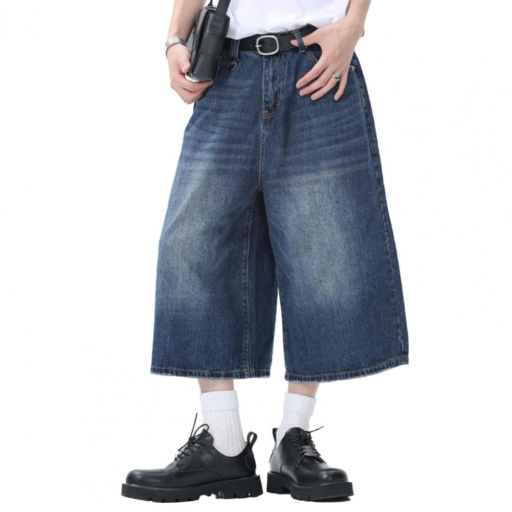 Men Cropped Jeans Button Zipper Fly Wide Leg Cropped Pants Gradient Color Mid-calf Length Denim Pants with Pockets S dark blue