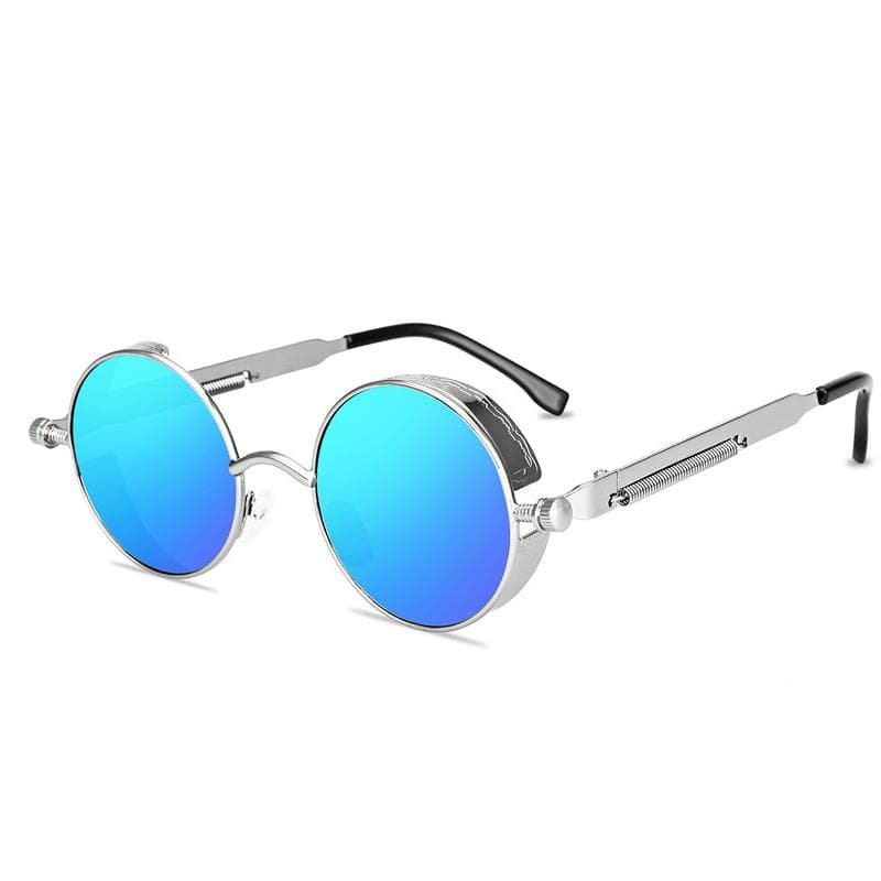 Classic Gothic Steampunk Sunglasses Men Women Vintage Round Metal Frame Sun Glasses silver/blue