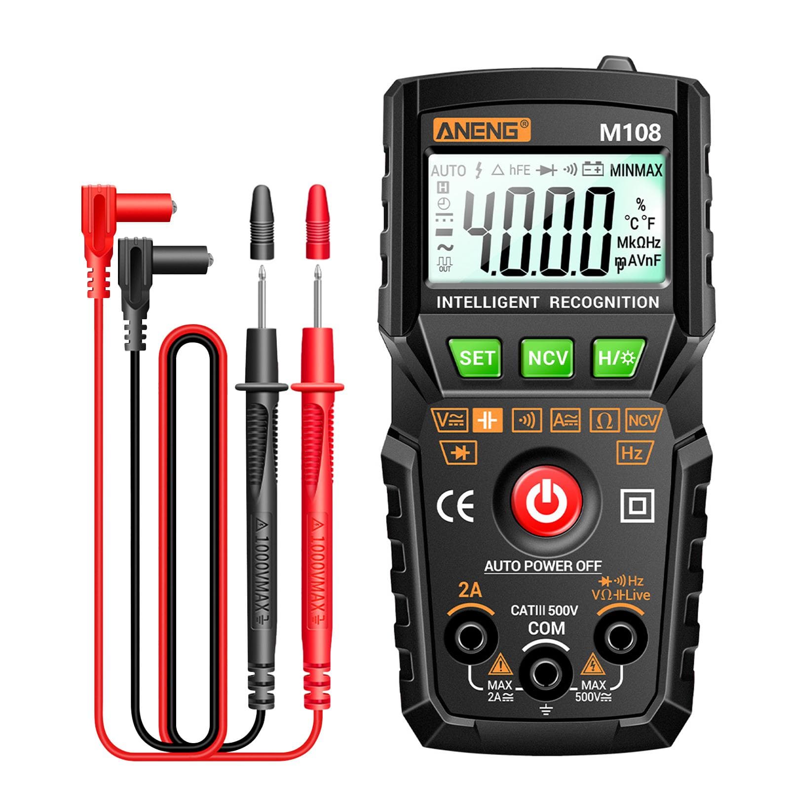 ANENG M108 Smart Digital Multimeter Auto Range 4000 Counts NCV Universal Meter Handheld black