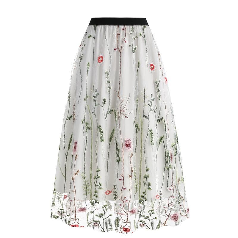 Vintage Mesh Flower Embroidered Skirt Elegant Sweet A-line Skirt For Spring Summer L white
