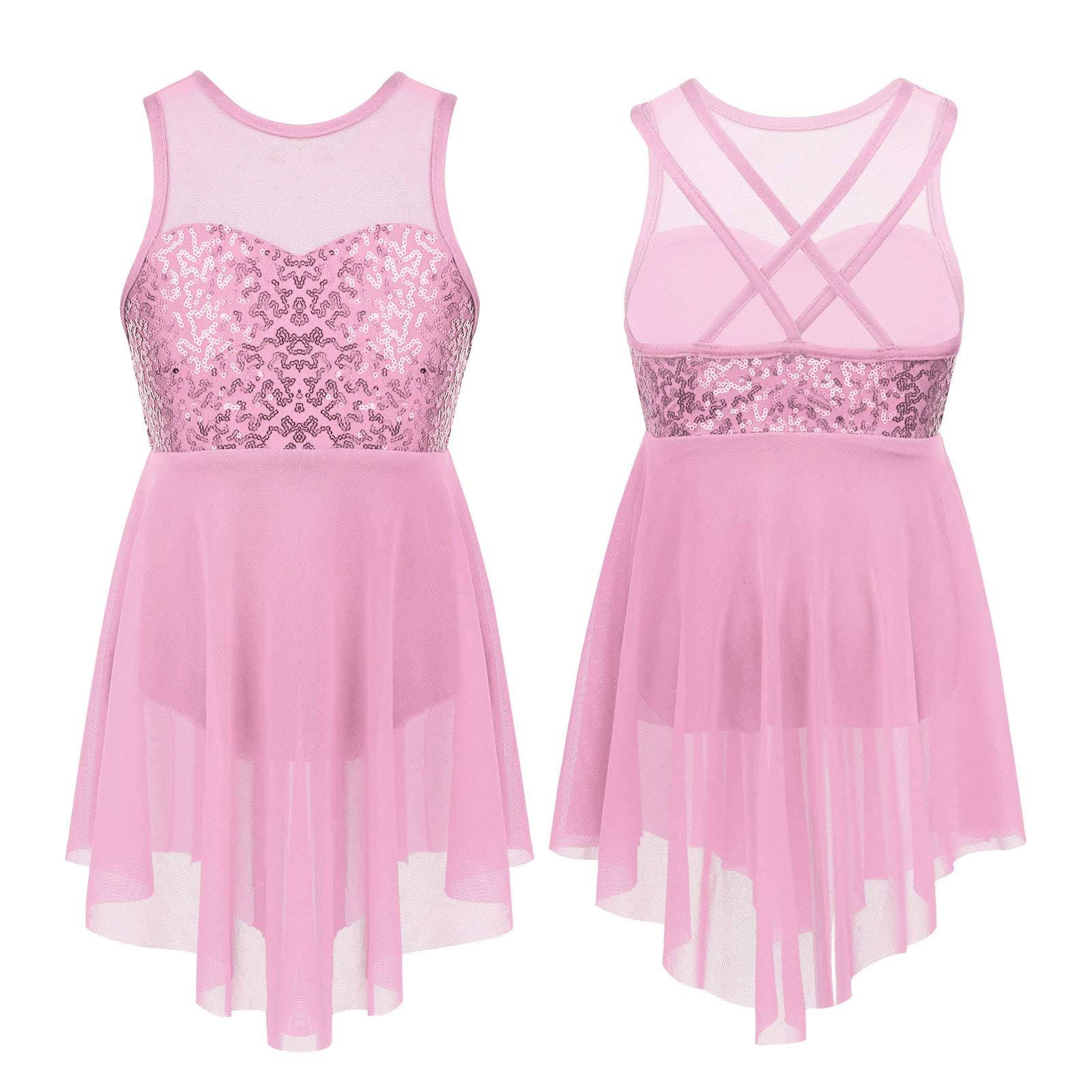 Kids Girls Ballet Dance Leotard Dress Sequins Criss-Cross Back Irregular Hem Lyrical Dance Costume Dress 13-14 Years pink