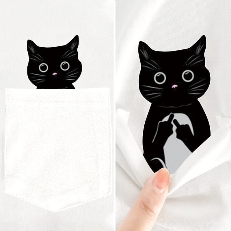 Animal Cotton T-Shirts Cartoon Black Cat Double Middle Finger Pocket T-shirt Mens Short Sleeve T-Shirts Men’s L
