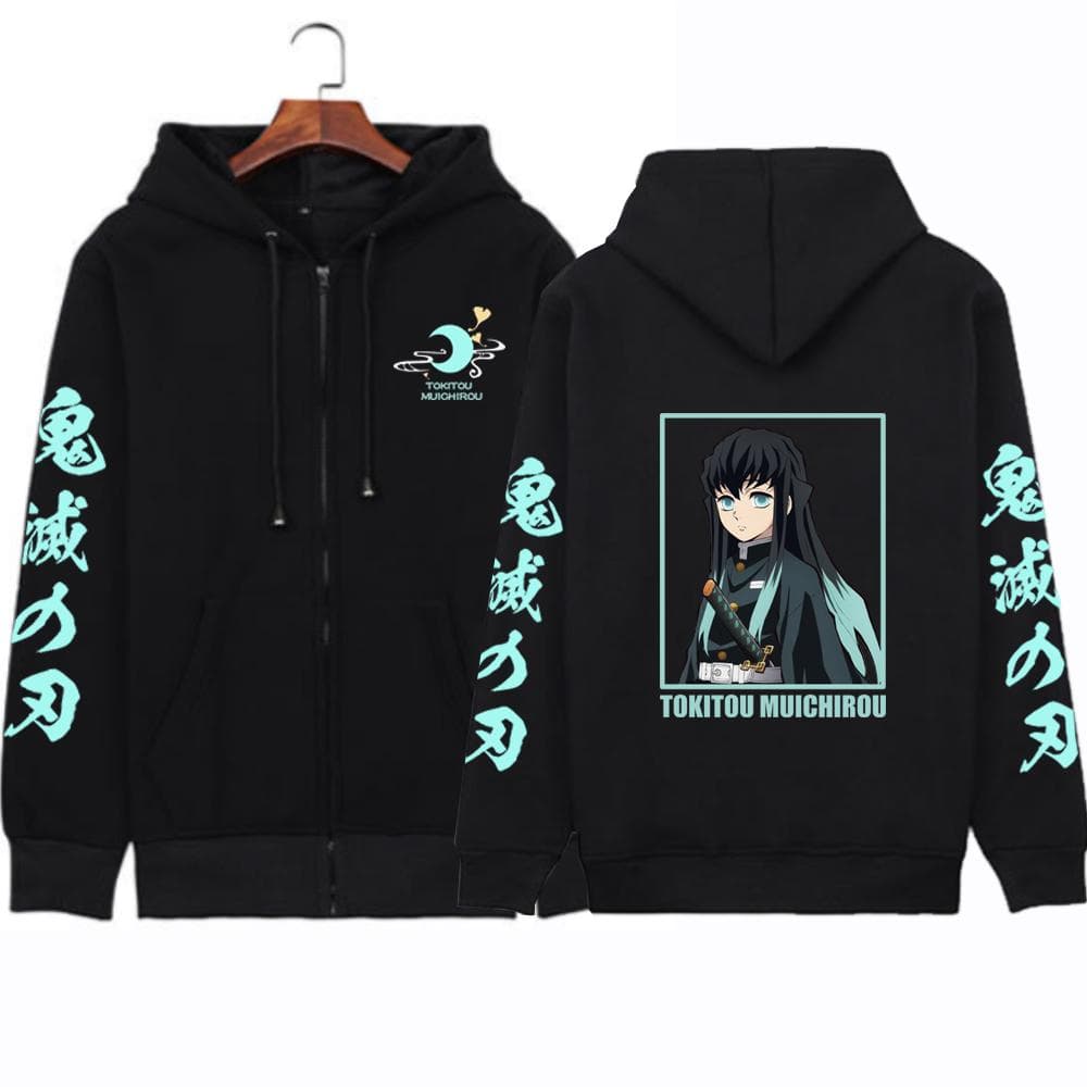 Anime Demon Slayer Mens Zipper Hoodies Sweatshirt Muichiro Tokito Manga Hoodie Long Sleeves Casual Pullover Zip Up Jacket Coats L black