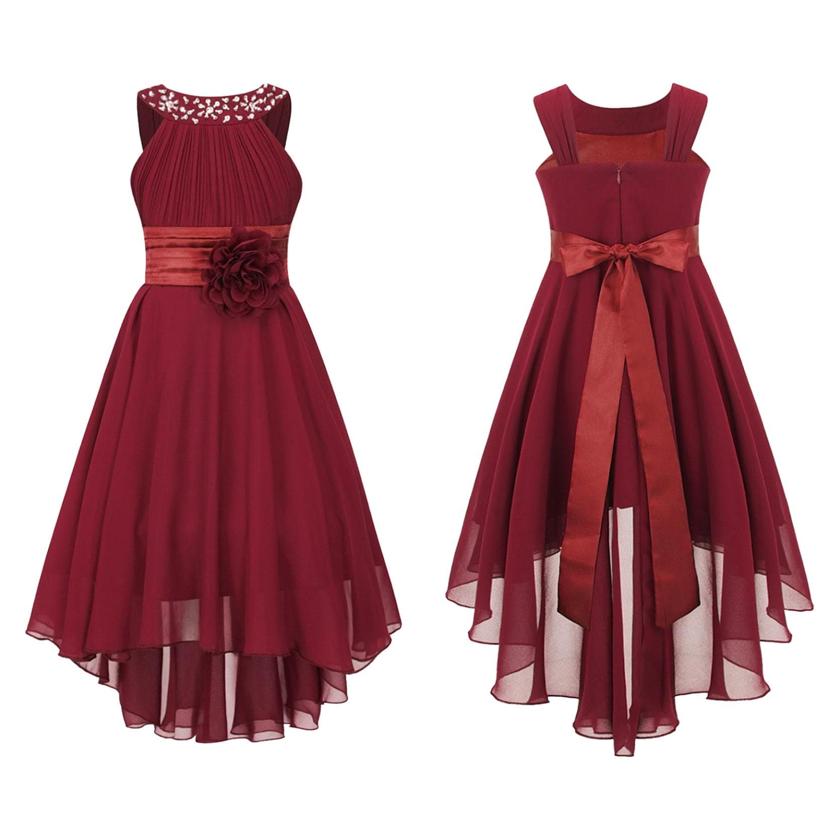 Kids Wedding Flower Girls Party Dress Sleeveless Shiny Beaded Hi-low Hem Elegant Chiffon Dress for Birthday Evening Prom 5-6 Years burgundy