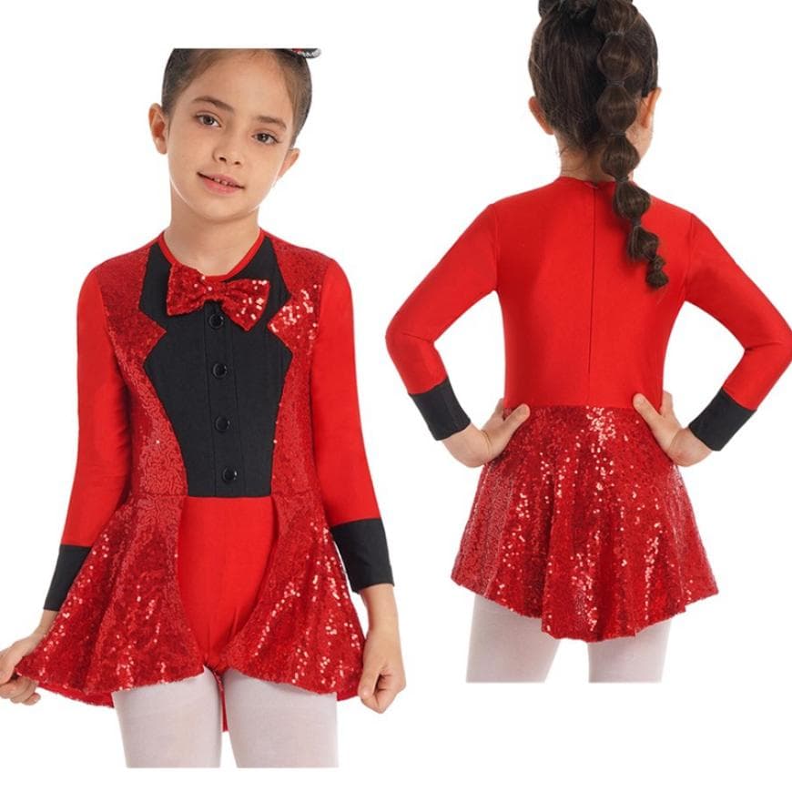 Kids Girls Long Sleeve Ballroom Latin Jazz Ballet Dance Dress Bow Tie Sequins Decor Leotard Dancewear Cosplay Costume 7-8 Years red
