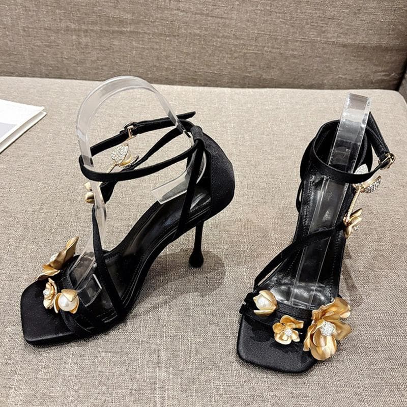Liyke High Quality Gold Metal Flowers Designer Sandal Women Sexy Square Toe Buckle Strap Gladiator Heels Ladies Party Prom Shoes 35 black