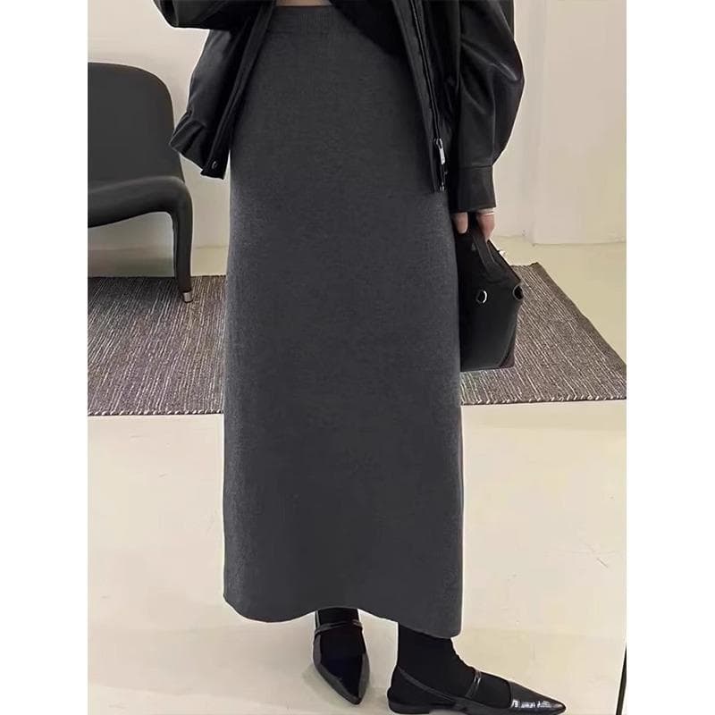 Gray Wool Elastic Waist Knitted Skirt for Women In Autumn and Winter New Style, Temperament, Small Hip-packing A-line Skirt L grey