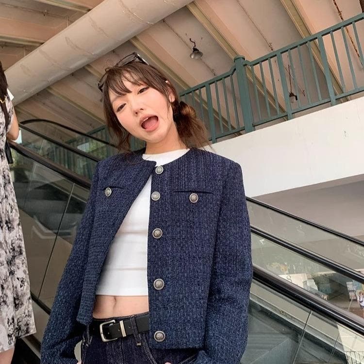 Navy Blue Retro Loose Long-sleeved Top Casual Temperament Trendy Short Cardigan Jacket Women XXL blue