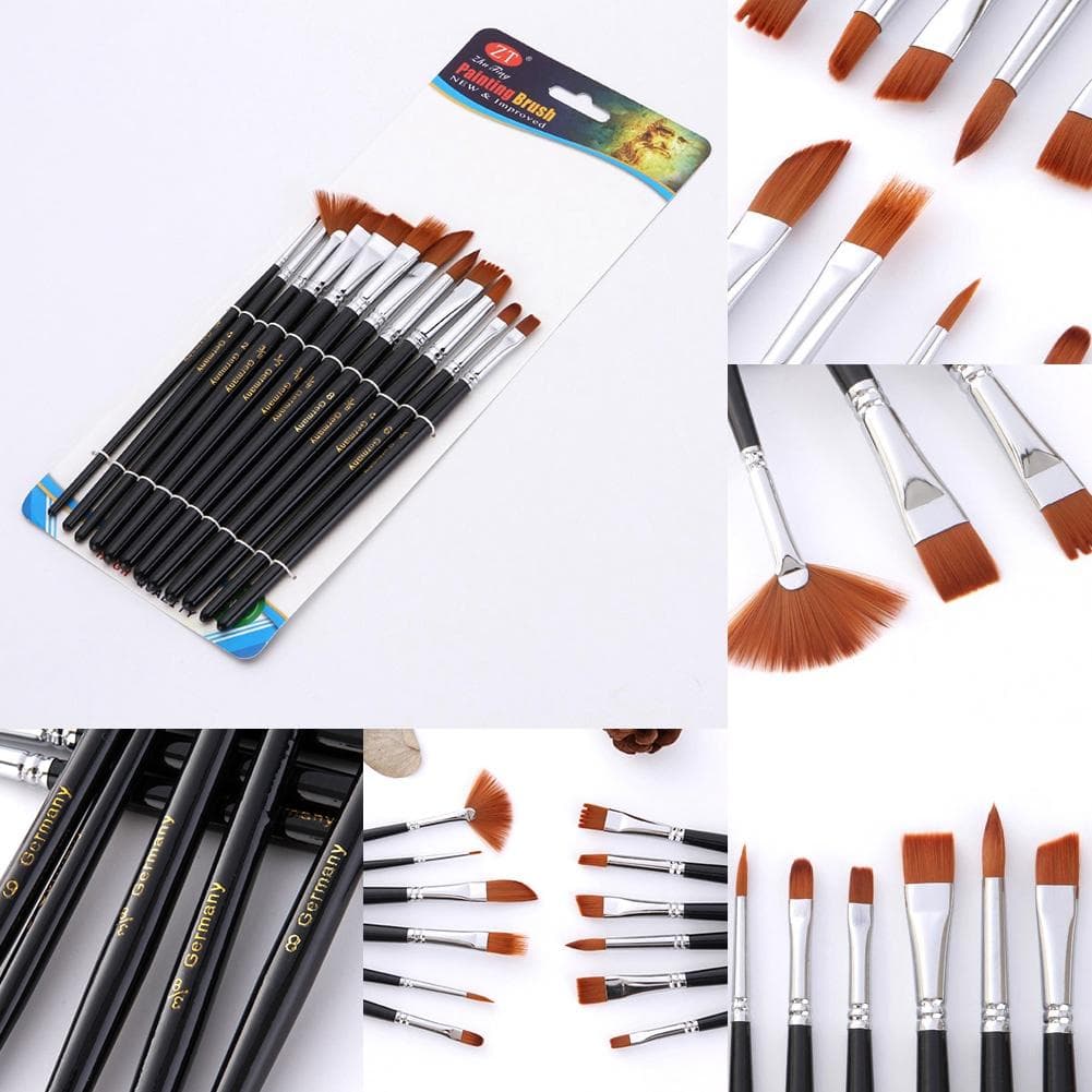 12Pcs Nylon Hair Gouache Brushes Set Wood Handle Watercolor Oil Painting Brushes Painting Tools