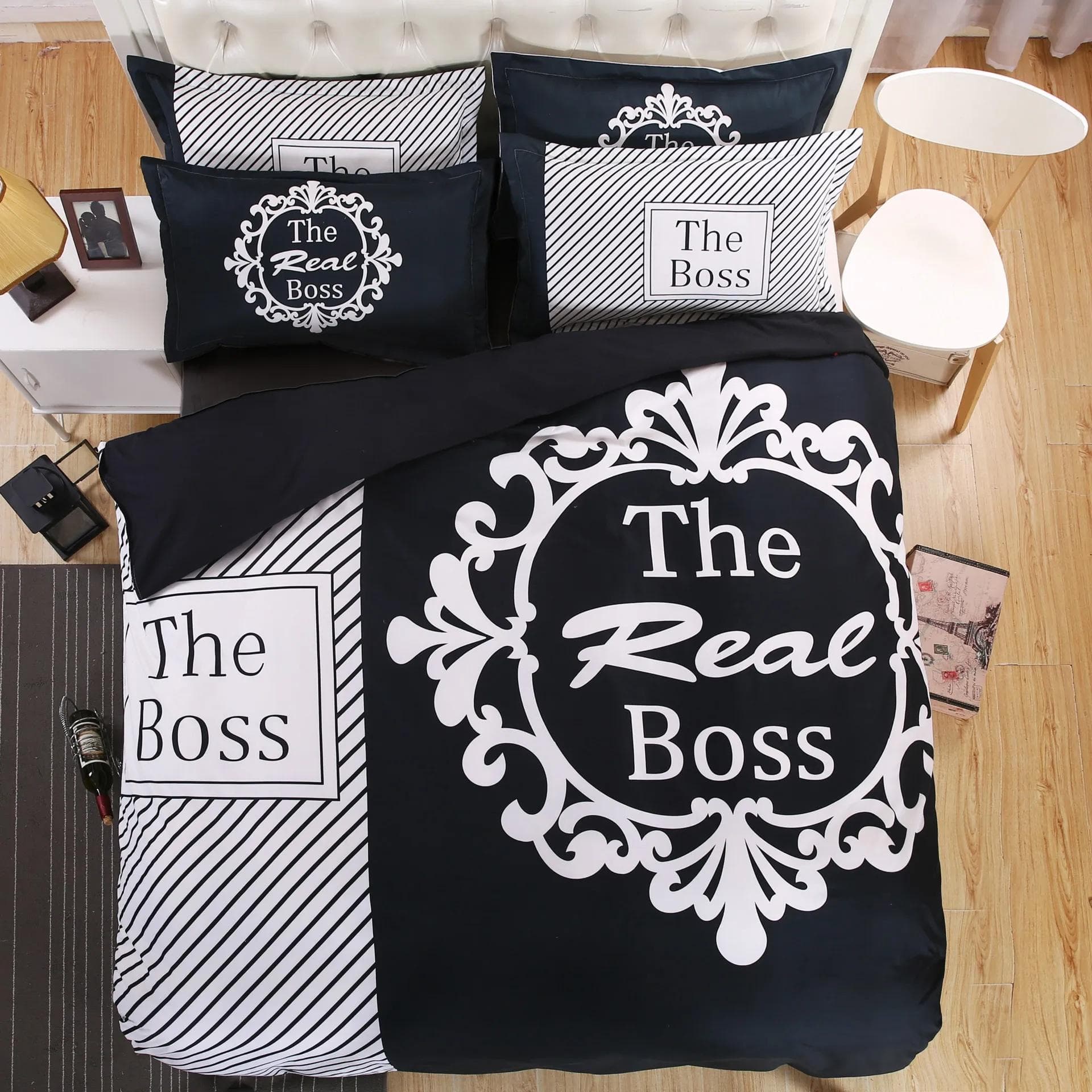 Big Boss Black N White His Her Valentine Bedding Set Duvet Cover Pillow Case King Queen Size Bed Linen Set EU SK(260x220cm)