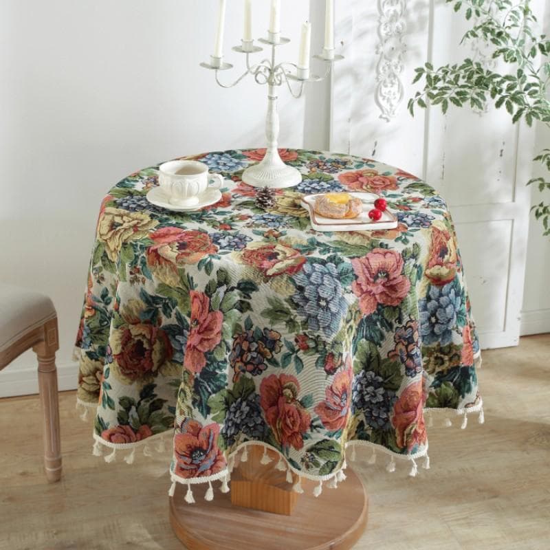 Retro Jacquard Round Table Cloth Brief Tassel Edge Thickened Dustproof Table Mat Dining Desk Coffee Desk Decorative Table Cover Diameter 150cm