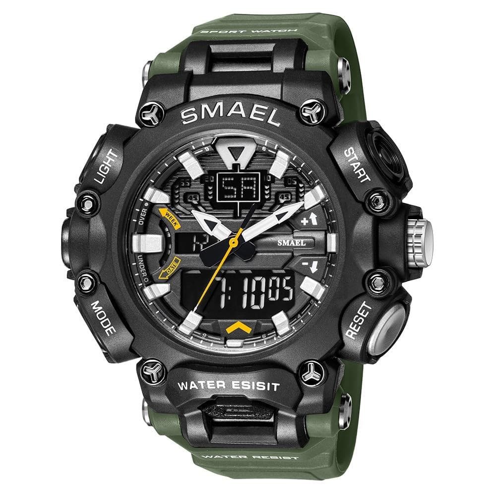 SMAEL Military Watch Sport Waterproof 50M Stopwatch Analog Digital Wristwatches Week Display Alarm Clock 8053 Digital Watches Mens NO Package army green