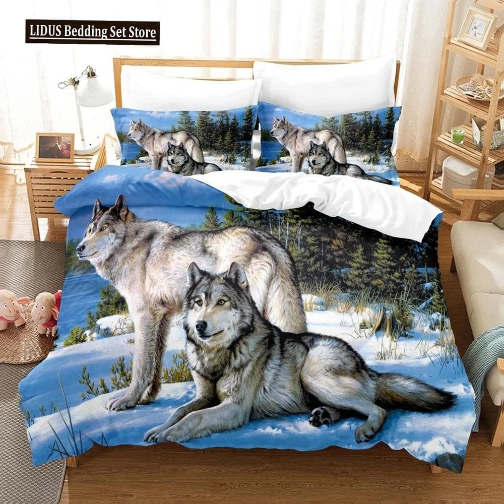 Boys Wolf Duvet Cover Set Queen Size, Boho Wolf Wildlife Animal Bedding Set Men Galaxy Dream Catcher Moon Polyester Quilt Cover 70x133cm 2pcs