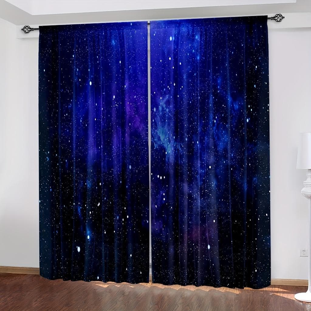 2pcs Galaxy Shining Stars Curtains,Rod Pocket Outer Space Starry Sky Star Printed Curtains,Window Drapes For Living Room Kitchen W60X150H(cm)x2Pcs&Hook