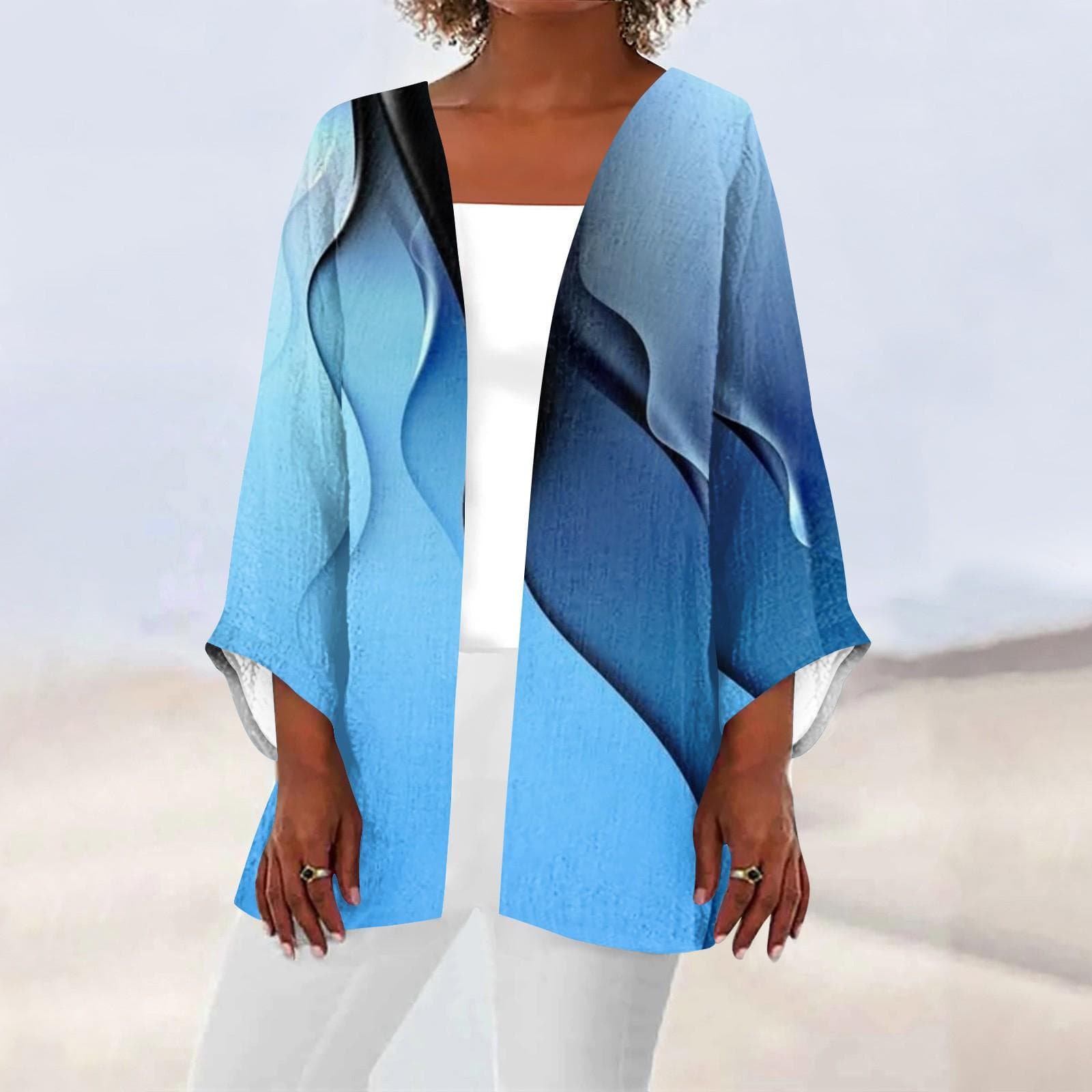 Women's Casual Fashion Printed Lightweight Mid-length Jacket Cardigan S blue
