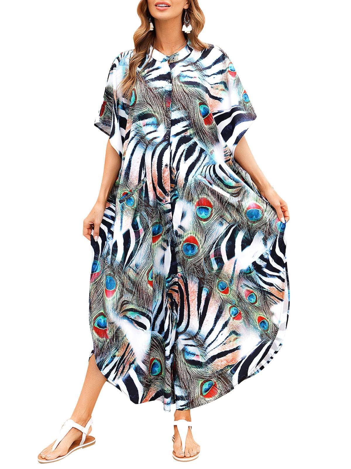 Women Loose Maxi Dress Buttons Shirt Dress with Pockets Beach Robe Cover Ups One Size white