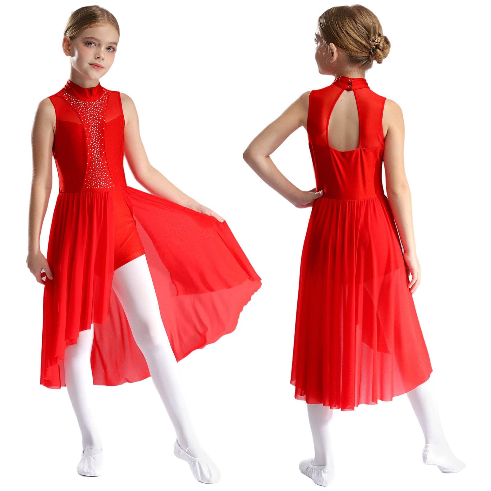 Kids Girls Chiffon Ballet Dress Sleeveless Mock Neck Cutout Back Side Split Asymmetrical Hem Sparkly Rhinestone Dance Dresses 7-8 Years red