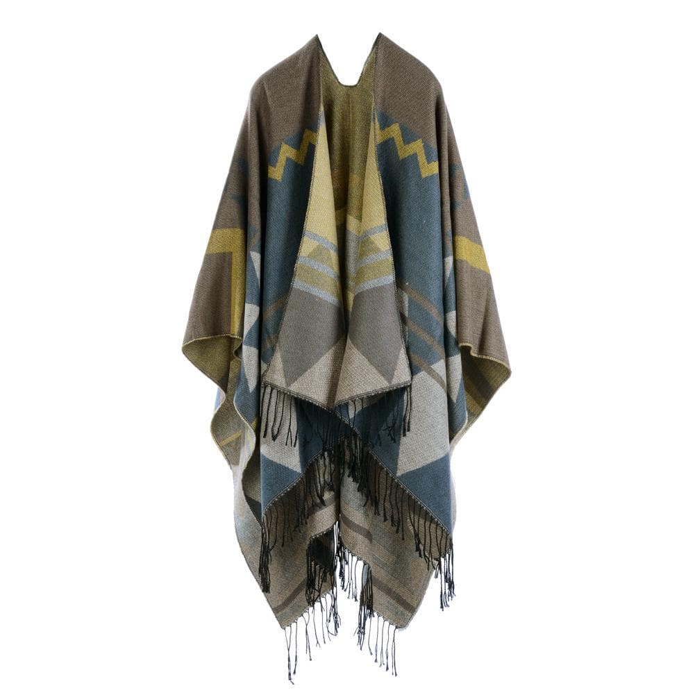 Women Knitted Shawl Poncho Faux Cashmere Geometric Pattern Tassel Oversized Long Bohemia Cape yellow