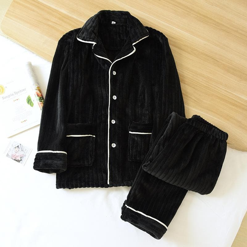 Winter Women's Pajamas Set Fleece Solid Color Long Sleeve Women's Pajamas Single Breasted Women's Pajamas XL black