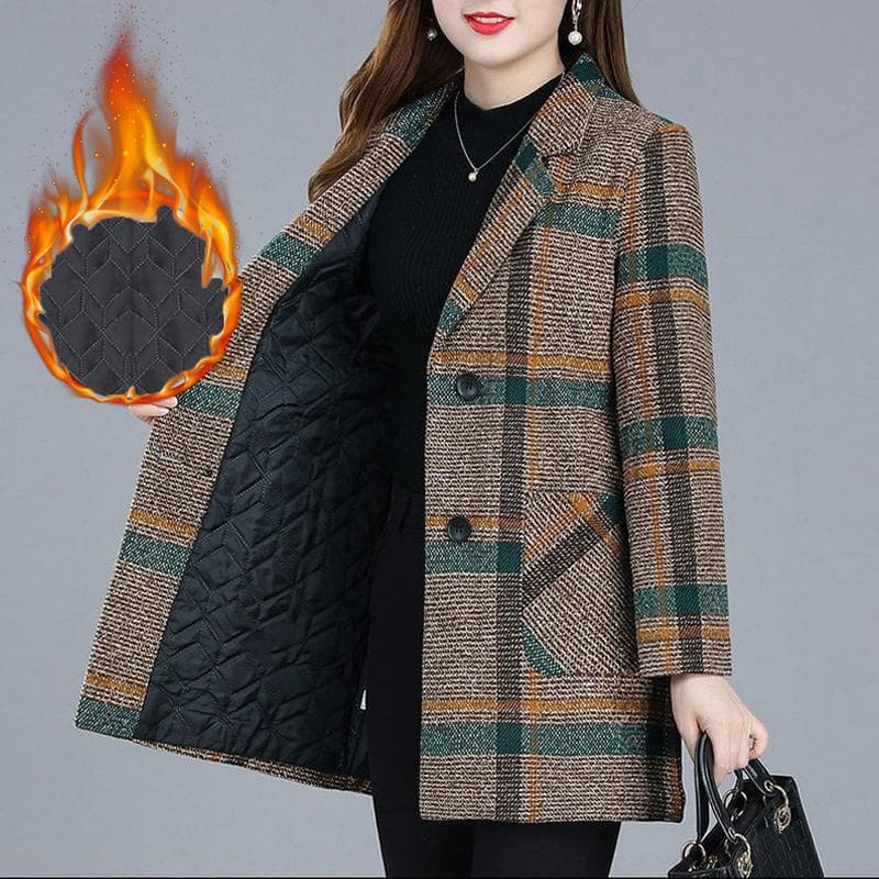 HI-FASHION Suit Plaid Woolen Jacket Autumn Winter Thicken Slim Long-sleeved Outwear Plus size 5xl Women's All-match Coat XXXL khaki green