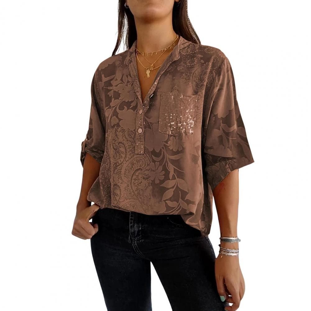 Women Summer Shirt V-neck Lapel Half Sleeve Pullover Tops Printing Buttons Half Placket Sequins Patch Pocket Loose Shirt XXXL dark brown