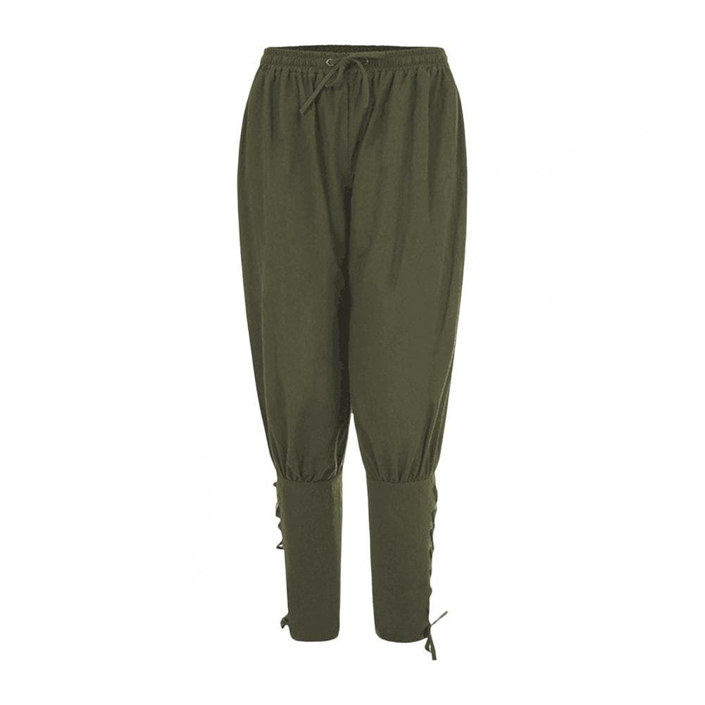 Men Pants Medieval Vikings Pirate Ankle-banded Lace-up Strap Elastic Waist Pleated Loose Solid Color Cropped Trousers Cosplay M army green