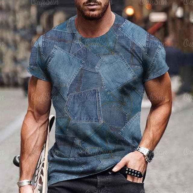 Men's T Shirt 3D Digital Patchwork Graphic Print Short Sleeve T-Shirts Comfy Casual Elastic Crew Neck Men Outdoor Activities Top XS